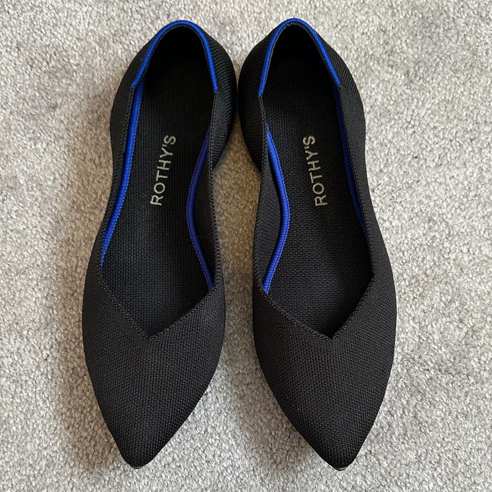 Rothy's Black The Point Flats with Royal Blue Trim 10.5